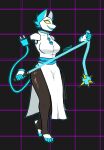  absurd_res akibarx anthro blue_body blue_fur bottomwear clothed clothing deltarune dress feet felid feline female fingers fist floating_hands floating_head fully_clothed fur hi_res holding_object holding_weapon leggings legwear machine mammal robot solo tasque_manager undertale_(series) video_games weapon whip yellow_eyes 