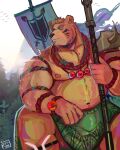  2021 anthro belly brown_body brown_fur cute_fangs detailed_background fur hi_res humanoid_hands male mammal moobs nipples outside overweight overweight_male plant ruslorc solo tree ursid 