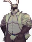  2020 anthro bulge clothed clothing hi_res humanoid_hands jockstrap lagomorph leporid male mammal musclegut navel open_clothing open_shirt open_topwear rabbit ruslorc shirt simple_background solo topwear underwear white_background 