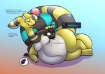  amper_(oc) ampharos beep_(amper) belly blush bovid canid canine caprine cuddling eggplant emoji english_text food fox fruit hi_res mammal moobs nintendo organs overweight plant pok&eacute;mon pok&eacute;mon_(species) senbiku_mew shadow_poni slightly_chubby stomach teasing text video_games 