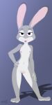  2017 anthro averyfondoreo bedroom_eyes blep breasts crotch_tuft disney ears_up female full-length_portrait fur genitals grey_body grey_fur hand_on_hip hi_res judy_hopps lagomorph leporid looking_at_viewer mammal narrowed_eyes navel nipples nude portrait purple_background purple_eyes pussy rabbit seductive shadow simple_background small_breasts smile solo standing tongue tongue_out tuft zootopia 