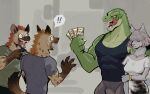  ! 4_fingers anthro bodily_fluids clothed clothing crocodile crocodilian crocodylid felid female fingers fully_clothed group hi_res hyaenid jewelry k0bit0wani licking licking_lips male mammal money muscular muscular_male reptile scalie surprised_expression sweat sweatdrop teeth tongue tongue_out 