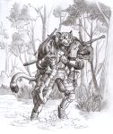  0laffson 2021 5_fingers anthro armor blood bodily_fluids cheetah clothed clothing dagger day detailed_background duo enorach_(0laffson) felid feline fingers forest grass hi_res human lars_(0laffson) male mammal melee_weapon nude outside plant scared sword traditional_media_(artwork) tree water weapon 
