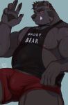  2021 anthro black_body black_fur black_nose bodily_fluids bottomwear bulge clothing fur hi_res humanoid_hands male mammal moobs nipples overweight overweight_male ruslorc scar shirt shorts simple_background solo sweat text text_on_clothing text_on_shirt text_on_topwear topwear ursid 