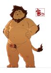  2020 anthro balls belly blush brown_body brown_fur erection felid fur genitals hi_res lion male mammal navel nipples overweight pantherine penis simple_background solo white_background xunli_170 young 