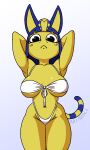  2021 animal_crossing ankha_(animal_crossing) anthro bikini bikini_top blue_hair breasts clothed clothing domestic_cat felid feline felis female front_view frown hair hands_behind_head hi_res looking_at_viewer mammal nintendo portrait ratmeals simple_background sling_bikini solo swimwear three-quarter_portrait under_boob video_games white_background white_bikini white_clothing white_swimwear yellow_body 