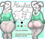  anthro big_breasts big_butt bottomless breasts butt clothed clothing curvy_figure english_text eyes_closed female fur genitals green_eyes grey_body grey_fur haylee_(sleepyinu) hi_res huge_butt jacket lagomorph leporid looking_at_viewer looking_back mammal model_sheet pussy rabbit sleepyinu slightly_chubby solo text thick_thighs topwear voluptuous wide_hips 