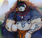  2021 anthro belly bottomwear clothing detailed_background eyes_closed fur giant_panda hi_res humanoid_hands loincloth male mammal moobs nipples outside overweight overweight_male ruslorc sitting solo ursid white_body white_fur 