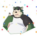  1:1 2021 anthro black_nose canid canine canis clothing domestic_dog fur green_body green_fur hat headgear headwear hi_res humanoid_hands kemono lifewonders live-a-hero male mammal mokdai overweight overweight_male shirt simple_background solo topwear video_games yaki_atsuage 