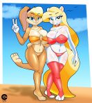  3_toes absurd_res animaniacs anthro barefoot beach big_breasts bikini breasts buckteeth camel_toe choker clothing countershade_feet countershading dark_templar_(artist) duo eyebrows feet female footwear gesture hair hi_res huge_breasts jewelry lagomorph legwear leporid lola_bunny looking_at_viewer looney_tunes mammal minerva_mink mink mustelid musteline necklace nipple_outline plantigrade rabbit seaside smile socks stirrup_socks swimwear teeth thigh_highs toes true_musteline v_sign warner_brothers 