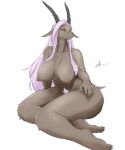  5:6 5_fingers absurd_res anthro areola baphomet_(deity) big_breasts biped black_sclera bovid breasts caprine deity eyewear feet female fingers fur glasses goat grey_body grey_fur hair hi_res horizontal_pupils horn kemono long_hair looking_at_viewer mammal nakamula nipples nude pink_hair pink_pubes pubes pupils simple_background sitting smile solo white_background yellow_eyes 