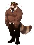  2021 absurd_res anthro blush booboo34 bottomwear brown_body brown_fur canid canine clothing eyes_closed fur hi_res kemono leaf male mammal musclegut necktie pants raccoon_dog shirt simple_background solo sweater tanuki topwear white_background 