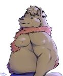  2021 anthro belly black_nose bottomwear brown_body brown_fur canid canine canis clothing crentonigen domestic_dog fur hi_res male mammal moobs nipples overweight overweight_male shorts simple_background solo white_background 