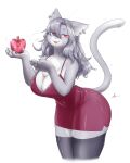  4:5 5_fingers absurd_res anthro biped breasts chest_tuft cleavage clothed clothing domestic_cat dress ear_piercing ear_ring felid feline felis female fingers fur grey_body grey_fur grey_hair hair hair_over_eye hi_res holding_object kemono leaning leaning_forward legwear looking_at_viewer mammal nakamula one_eye_obstructed perfume piercing portrait pupils red_eyes ring simple_background slit_pupils solo standing stockings three-quarter_portrait tuft whiskers white_background 