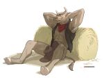  2021 anthro bovid bovine cattle clothing cowboy_hat fur hands_behind_head hat hay hay_bale headgear headwear hi_res hooves horn male mammal muscular muscular_anthro muscular_male neckerchief pngx_(artist) simple_background sitting solo tan_body tan_fur topwear vest white_background 