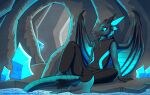  absurd_res anthro blue_eyes cave crystal dragon glowing hair hi_res horn lothing male reptile scalie sleeveless smile solo text theo_(neotheta) therobd url water wings 