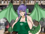  2021 4:3 animal_humanoid apron apron_only areola beverage big_breasts blurred_background blush bodily_fluids bootleggz breasts choker clothed clothing coffee_cup container cup digital_media_(artwork) dragon dragon_humanoid eyelashes female glistening glistening_body green_apron green_body green_scales hair hi_res holding_object horn huge_breasts humanoid huyi_(tmgnick) i_mean_breast_milk jewelry lactating lactating_through_clothing looking_at_viewer meme milk mostly_nude necklace nipple_slip nipples pupils purple_hair raised_tail scales scalie shaded signature slit_pupils smile solo starbucks thick_thighs topwear wet wet_clothing wings yellow_eyes 