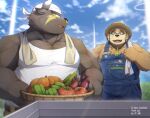  2021 anthro asterios bottomwear bovid bovine brown_body brown_fur cattle clothing cloud duo eggplant facial_piercing food fruit fur hat headgear headwear kemono lifewonders male mammal musclegut nose_piercing nose_ring outside overalls overweight overweight_male pants piercing plant ponzu_tas pumpkin shirt straw_hat tokyo_afterschool_summoners tomato topwear towel towel_around_neck towel_on_shoulder ursid video_games volos 