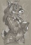  anthro bottomless cadmiumtea capreoline cervid clothed clothing container cup ears_up female hi_res hot_drink jacket looking_away mammal monochrome mostly_nude open_clothing open_shirt open_topwear reindeer sepia shirt simple_background smile solo strategically_covered topwear traditional_media_(artwork) 