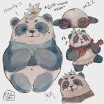  1:1 2020 anthro belly black_body black_fur black_nose blush chibi english_text eyes_closed fur giant_panda hi_res lying mammal musical_instrument navel overweight ruslorc simple_background text ursid white_body white_fur x_navel 