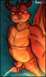  2021 absurd_res anthro asbel_lhant asteyr blush bodily_fluids circumcised conditional_dnp dragon erection genital_fluids genitals grin hi_res horn humanoid_genitalia humanoid_penis looking_at_viewer male nude peeing penis red_eyes scalie selfie simple_background slightly_chubby smile solo teeth urine urine_stream wings 