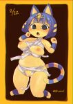  2021 3_fingers animal_crossing ankha_(animal_crossing) anthro areola bandage biped black_eyes blue_hair blush bodily_fluids breasts domestic_cat egyptian felid feline felis female fingers front_view fur genital_fluids genitals hair headdress hi_res knock-kneed mammal markings navel nintendo nipples open_mouth paws pussy pussy_juice ring_(marking) ringtail shinobe short_hair solo standing sweat tail_markings video_games yellow_body yellow_fur 