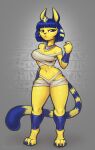  animal_crossing ankha_(animal_crossing) anthro chest_wraps clothing digital_media_(artwork) domestic_cat egyptian felid feline felis female fur hi_res mammal markings nintendo reaper3d shaded solo striped_markings striped_tail stripes tail_markings video_games wraps yellow_body yellow_fur 