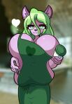  absurd_res anthro apron apron_only bedroom_eyes big_breasts breast_squish breasts clothed clothing cougar felid feline female green_apron hi_res huge_breasts hyper hyper_breasts i_mean_breast_milk lecia mammal meme mit-boy mostly_nude narrowed_eyes seductive solo squish 