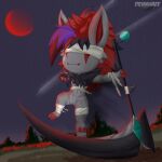  1:1 2021 absurd_res anthro bandage blindfold blood_moon chest_tuft chibi claws dennhaze detailed_background facial_markings fur grey_body grey_fur hair head_markings hi_res highlights_(coloring) male markings melee_weapon night nintendo pok&eacute;mon pok&eacute;mon_(species) polearm red_hair scythe signature solo tuft video_games weapon zoroark 