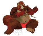 2021 anthro belly bonbonbear brown_body brown_fur canid canine clothing fur humanoid_hands kemono male mammal moobs navel nipples overweight overweight_male painting raccoon_dog simple_background sitting solo tanuki underwear white_background 
