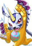 2021 absurd_res ambiguous_gender bandai_namco blue_body blue_fur digimon digimon_(species) fur fur_markings gabumon hi_res horn markings open_mouth simple_background solo underpaw watagashikn white_background yellow_body 