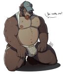  2021 anthro belly brown_body brown_fur bulge clothing condom condom_in_mouth english_text fur hi_res humanoid_hands jockstrap male mammal moobs nipples overweight overweight_male ruslorc sexual_barrier_device simple_background solo text underwear ursid white_background 