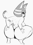  2021 animal_crossing ankha_(animal_crossing) anthro big_breasts big_butt breasts butt clothed clothing crouching domestic_cat felid feline felis female frown greyscale hand_on_butt huge_butt huge_thighs looking_back mammal markings monochrome nintendo panties raised_tail rear_view side_boob solo striped_markings striped_tail stripes tail_markings thick_thighs thong topless underwear video_games xu53r 