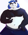  2021 anthro belly black_body black_fur black_nose blue_hair bottomwear clothing crentonigen fur giant_panda hair hi_res humanoid_hands male mammal moobs nipples overweight overweight_male pants simple_background solo ursid white_background white_body white_fur 