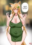  absurd_res animal_humanoid apron apron_only bayoshii belly big_belly big_breasts blush bodily_fluids breasts canid canid_humanoid canine canine_humanoid cleavage clothed clothing dialogue female fox_humanoid green_apron hi_res huge_breasts humanoid i_mean_breast_milk lactating lactating_through_clothing looking_at_viewer mammal mammal_humanoid meme milk mostly_nude pregnant solo speech_bubble text wet wet_clothing 