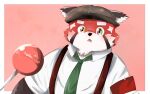  16:10 2021 ailurid anthro black_nose blush candy clothing dessert food fur hat headgear headwear hi_res kemono lifewonders lollipop mammal necktie red_body red_fur red_panda shirt simple_background solo suspenders tokyo_afterschool_summoners topwear video_games white_body white_fur widescreen z2siayrq3htbmsw zhurong_(tas) 