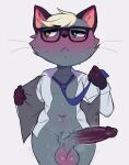  animal_crossing anthro balls big_penis blonde_hair blush clothed clothing domestic_cat erection eyewear felid feline felis fur genitals glasses grey_body grey_fur hair hi_res huge_penis male mammal navel nintendo penis raymond_(animal_crossing) seniorseasalt simple_background solo undressing video_games 