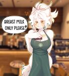  &lt;3 2021 anthro apron apron_only arms_bent black_text blurred_foreground blush blush_lines breasts cleavage clothed clothing dated dialogue domestic_cat embarrassed english_text felid feline felis female fur green_apron green_clothing hair hand_behind_back hand_on_breast hand_over_breast heart_font hi_res holding_notebook holding_object i_mean_breast_milk mammal meme mostly_nude notebook offscreen_character pupils raised_hand side_boob signature solo speech_bubble square_pupils starbucks starii_sinstolus(stariikat) stariikat symbol-shaped_pupils text tucked_arm unusual_pupils white_body white_fur white_hair wide_hips year yellow_eyes 