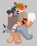  4:5 absurd_res anthro battycat bulge canid canine canis clothing domestic_dog duo embarrassed eyewear fox goggles hi_res male male/male mammal nervous_smile on_lap sitting_on_lap tail_motion tailwag underwear 