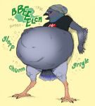  5_fingers 934 2019 abdominal_bulge anthro anthro_pred avian beak beanie belly big_belly biped bird bird_feet black_beak black_claws black_eyebrows blue_body blue_feathers blush bottomless bubble burping claws clothed clothing columbid digestion digital_media_(artwork) digitigrade eyebrows eyes_closed feathered_wings feathers fingers flat_colors front_view green_body green_feathers grey_body grey_feathers hand_on_stomach hat headgear headwear hi_res holding_belly male male_pred motion_lines multicolored_body multicolored_feathers onomatopoeia open_beak open_mouth oral_vore pigeon pink_tongue realsadboihours rumbling_stomach scutes shadow shirt soft_vore solo sound_effects standing tail_feathers text toe_claws tongue topwear unseen_character vore winged_arms wings 