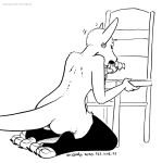  2020 anthro butt chair clothing ear_piercing ear_ring eyes_closed female fur furniture kangaroo kangy_(tegerio) kneeling legwear macropod mammal marsupial monochrome mostly_nude piercing rear_view solo tegerio thigh_highs tongue tongue_out 