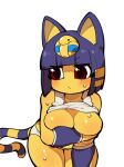  animal_crossing ankha_(animal_crossing) anthro big_breasts blue_hair bodily_fluids breasts brown_eyes clothing domestic_cat embarrassed exposed_breasts felid feline felis female fukurou0807 fur hair hi_res holding_breast mammal nintendo panties short_stack solo sweat thick_thighs underwear uraeus video_games yellow_body yellow_fur 