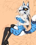  2021 anthro armalita_(macmegagerc) big_breasts big_eyes black_hair blue_body blue_fur blue_stripes breasts canid canine clothing curvaceous curvy_figure female fox fur hair high_heels legwear long_hair long_sleeves macmegagerc mammal open_mouth sitting slim solo stockings stripes thigh_highs thong torn_clothing underwear unfinished voluptuous white_body white_fur white_hair yellow_eyes 