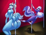  anthro big_breasts big_butt blue_body blue_fur breasts butt canid canine clothed clothing dancing duo female fur hair huge_breasts huge_butt mammal mephitid multi_tail nipples pole pole_dancing purple_body purple_fur skunk stripper_pole thebigbadwolf01 topless 