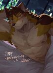  abs anthro barrel_(live-a-hero) bed blush canid canine canis chest_tuft city city_background fur furniture hi_res inner_ear_fluff kemono lifewonders live-a-hero looking_at_viewer male mammal multicolored_body multicolored_fur muscular muscular_anthro muscular_male naughty_face night nipples on_bed pecs shaded solo text tos_tos_f_ski translation_request tuft under_covers video_games wolf 