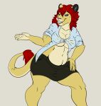  anthro bottomwear clothing felid female grin hair lion mammal midriff miniskirt nadine_(warlus) pantherine red_hair skirt slightly_chubby smile solo stretched_clothing warlus 