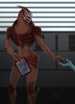  alien alien_humanoid asari bodypaint convenient_censorship duo face_paint female green_eyes hi_res humanoid male mass_effect navel nihlus_kryik nude solo_focus standing tablet text thunderhead_fred turian video_games 