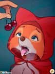  2021 3:4 anthro big_breasts blue_eyed_fox blue_eyes bodily_fluids breasts canid canine cherry cleavage clothed clothing cute_fangs digital_media_(artwork) disembodied_hand disney drooling duo female food fox fruit furboz hood hooded_cape human looking_up maid_marian mammal open_mouth plant robin_hood_(disney) saliva simple_background solo_focus tongue tongue_out 