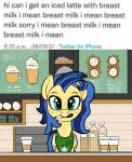  apron apron_only blue_hair clothing coffee_shop counter english_text equid equine fan_character female freckles green_apron green_eyes hair hasbro hi_res horse i_mean_breast_milk mammal marker meme milky_way_(character) mostly_nude my_little_pony pony solo starbucks sufficient_(artist) text 