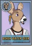  bokeh_water_deer camera card cervid clothing craft_rabbit_(artist) ear_piercing ear_ring english_text hi_res male mammal patchfix_fox_(artist) piercing portrait shirt smile solo t-shirt text topwear trample_path tusks water_deer 